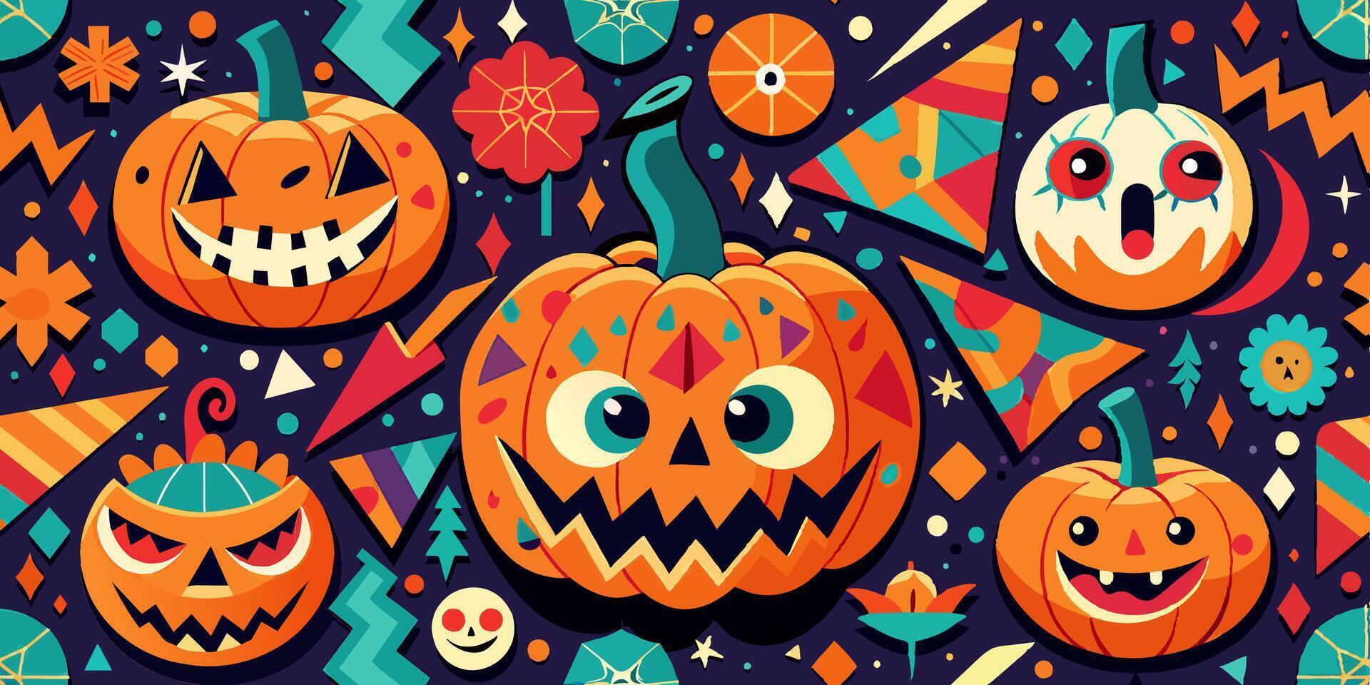 Halloween pumpkins with faces on a dark background, forming a pattern vector