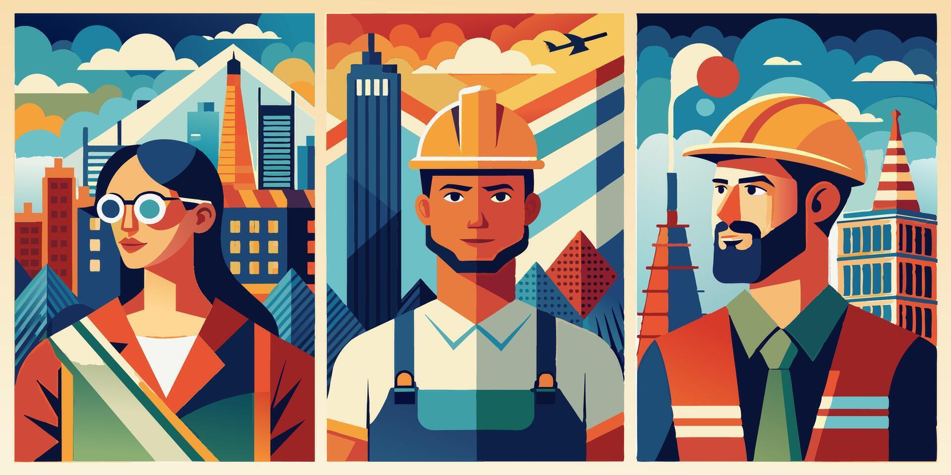 A man and a woman stand by each other in front of a city vector