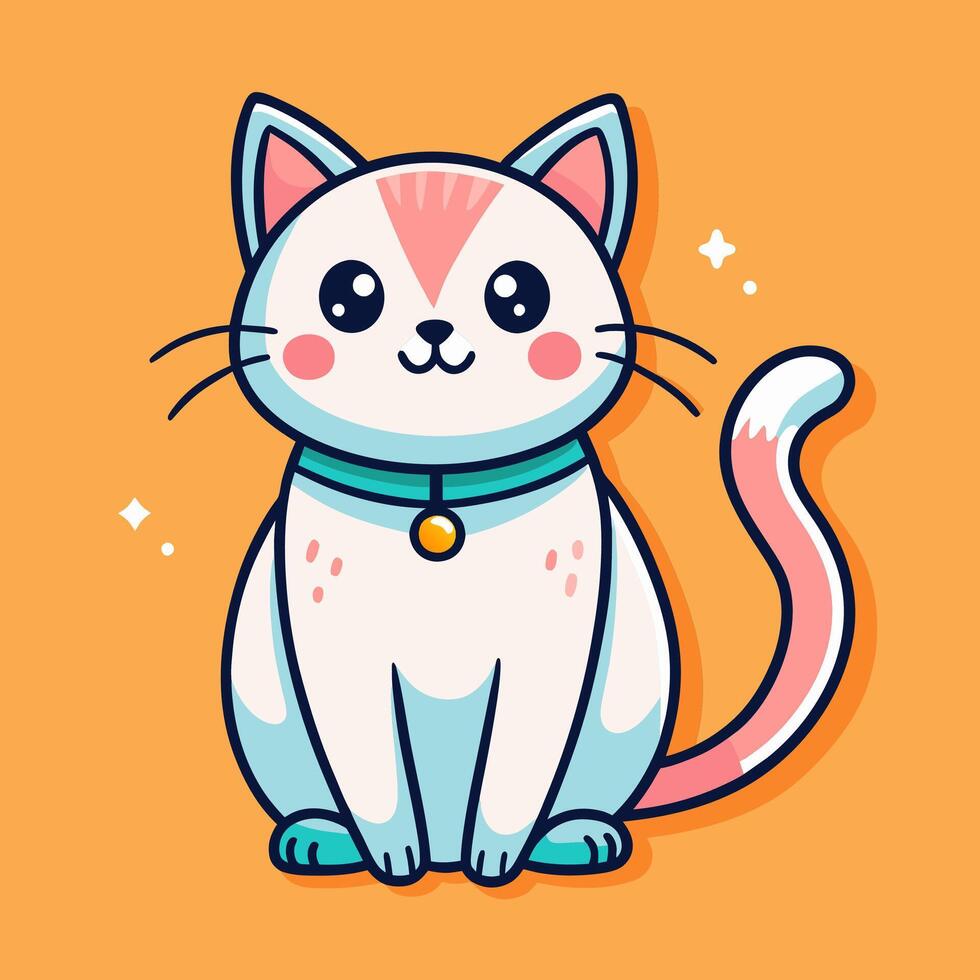 White cat with pink tail and blue collar sits on yellow background vector