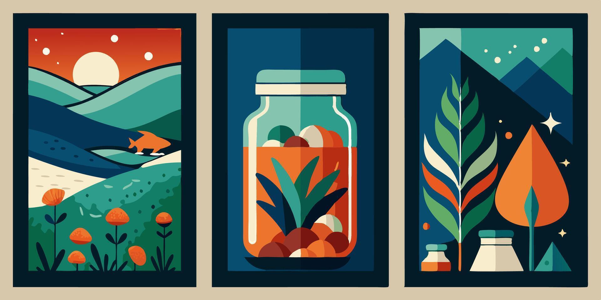 Three posters a jar of food, a mountain, and a tree vector