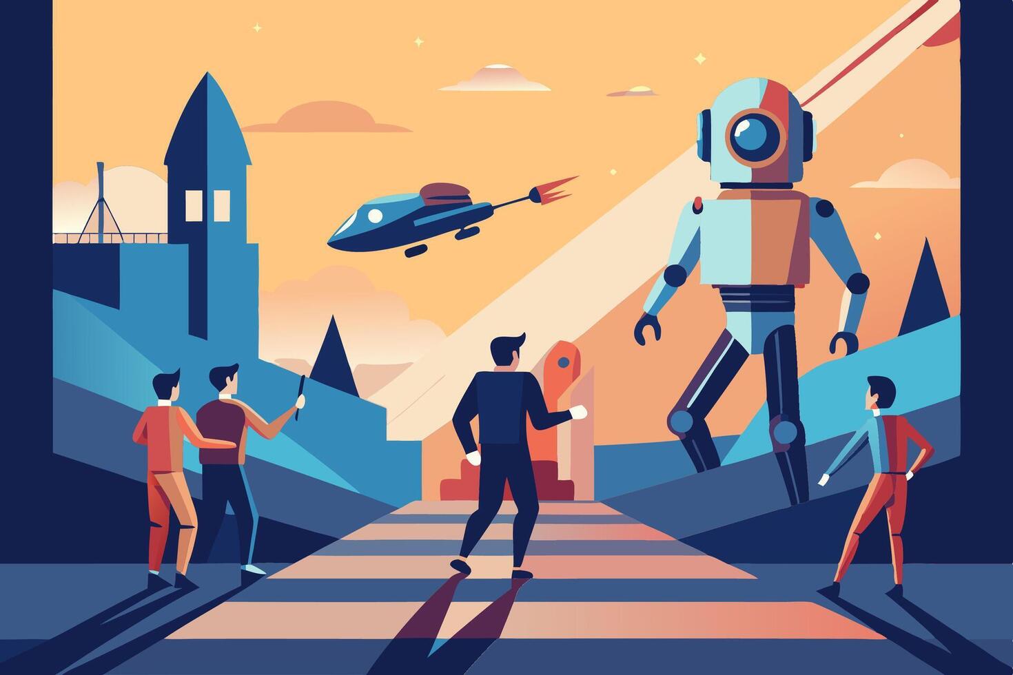 A group of people are gathered on a street, facing a robot vector
