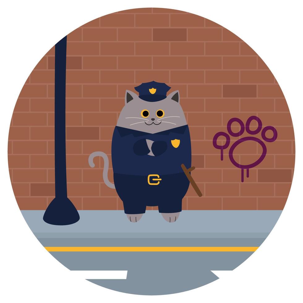 Colorful cartoon illustration of round kitty cop. Funny cat doing police officer work. Cute characters animals with jobs. Flat colors vector