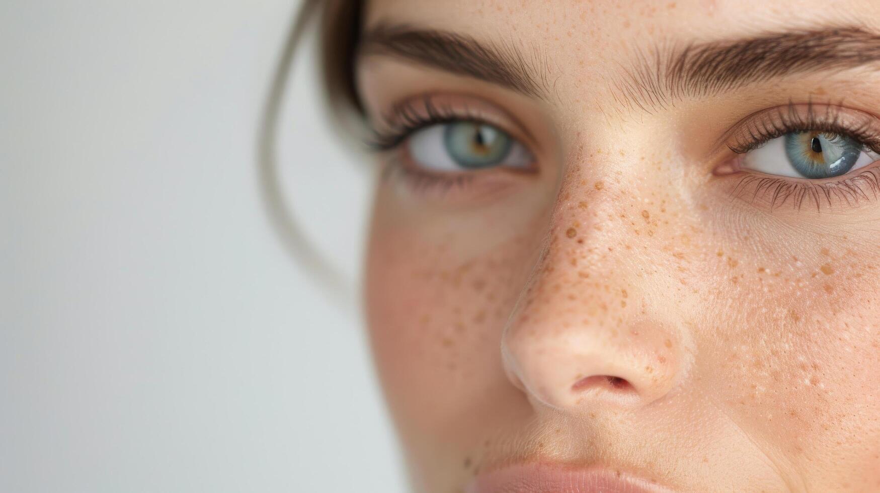 Close-Up of Model With Freckles and Blue Eyes Against Neutral Background photo