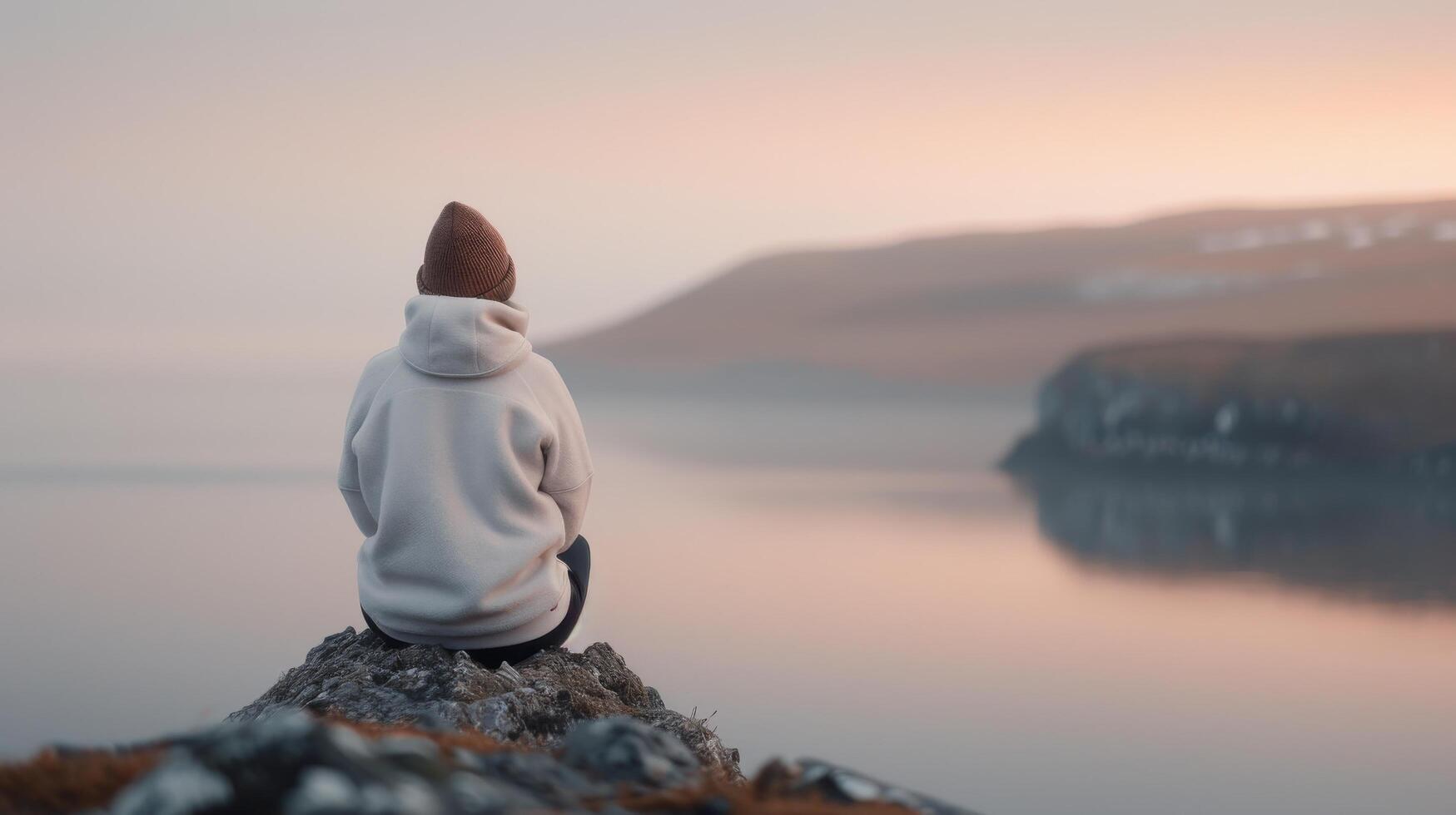 Person Meditates on Rocky Outcrop Overlooking Calm Water at Sunrise photo