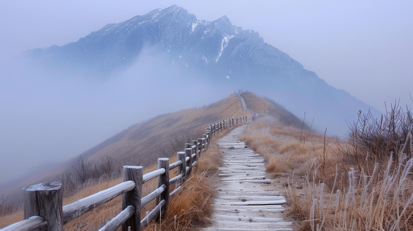 Sunrise Over Mountain Trail With Wooden Pathway in Autumn photo