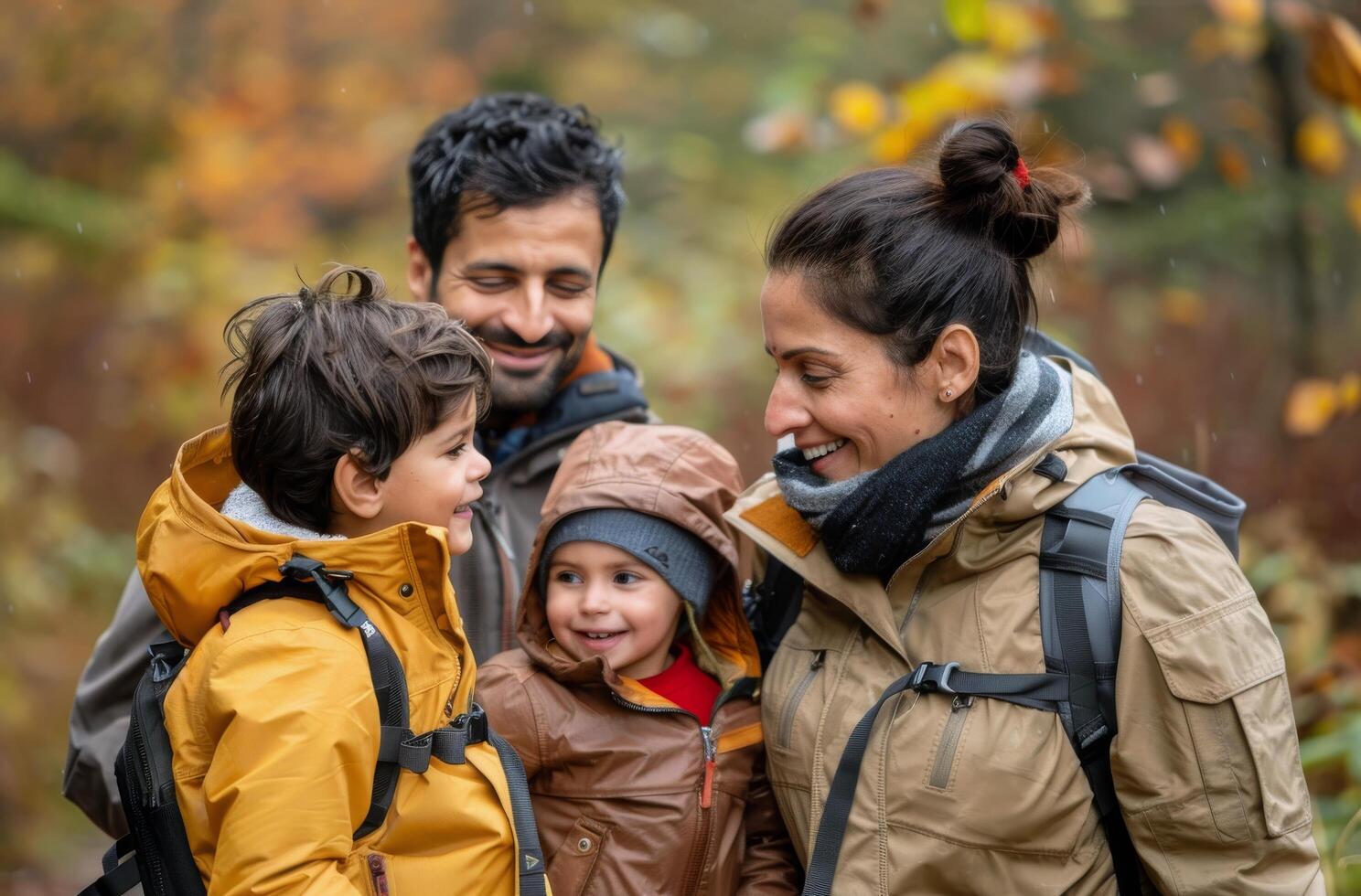 Family Enjoys Autumn Hike in Colorful Forest With Children Smiling and Laughing photo