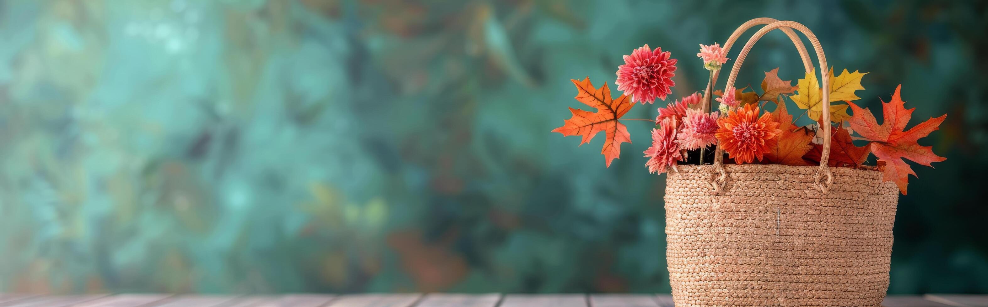 Autumn Floral Arrangement in Woven Basket on Wooden Table Against Teal Background photo