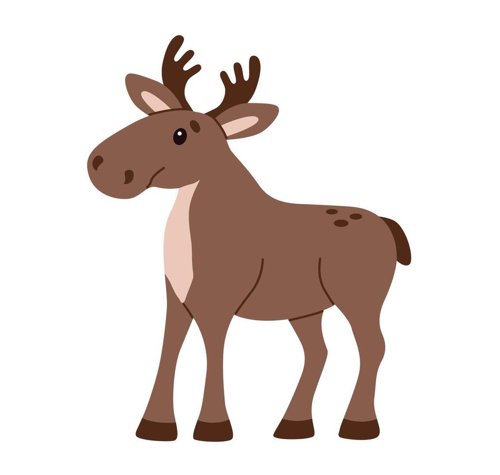 .Flat style illustration of a cute elk standing calmly Perfect for children designs, greeting cards, and digital projects Warm, friendly character suitable for various creative uses vector
