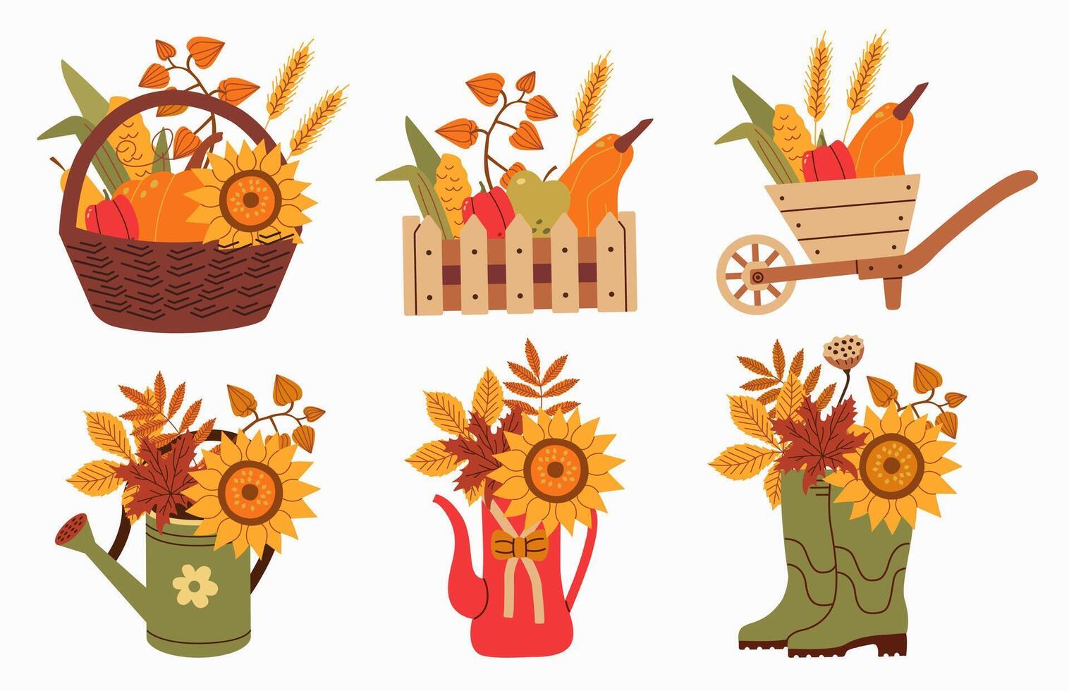 Flat style autumn illustration set featuring baskets, watering cans, and boots filled with sunflowers, vegetables, and wheat. Ideal for seasonal designs, greeting cards, and digital projects. vector