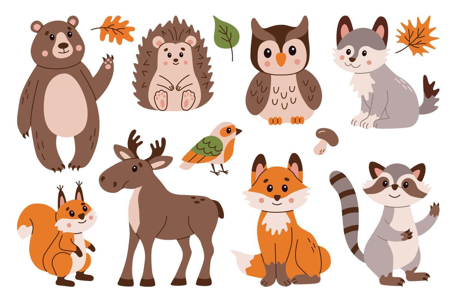 Flat style illustration set of cute forest animals including bear, hedgehog, owl, wolf, fox, elk, raccoon, squirrel, bird Perfect for children designs, greeting cards, and digital projects vector