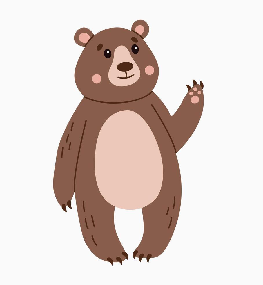 Flat style illustration of a cute brown bear waving Perfect for children designs, greeting cards, and digital projects Warm friendly character suitable for various creative uses vector