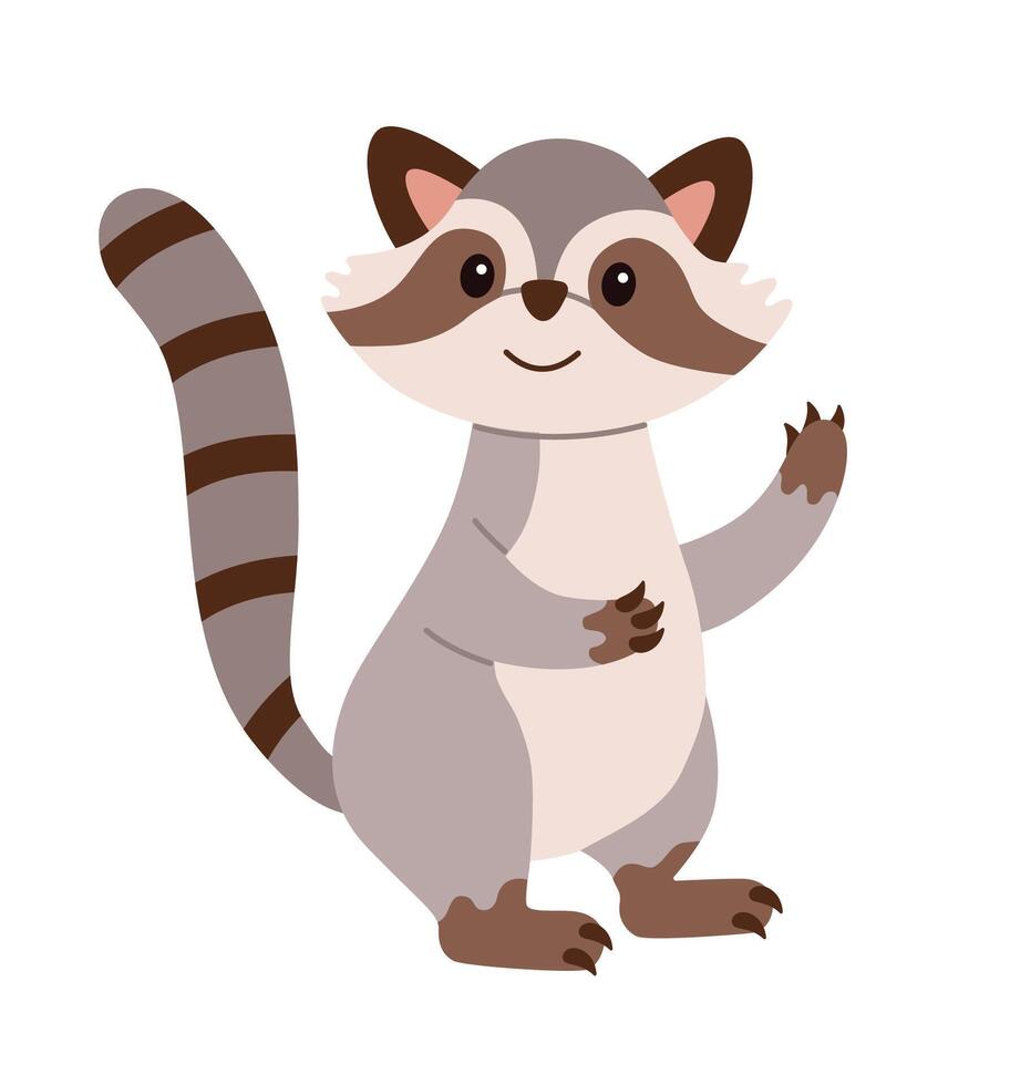 Flat style illustration of a cute raccoon waving happily Perfect for children designs, greeting cards, and digital projects Warm, friendly character suitable for various creative uses vector