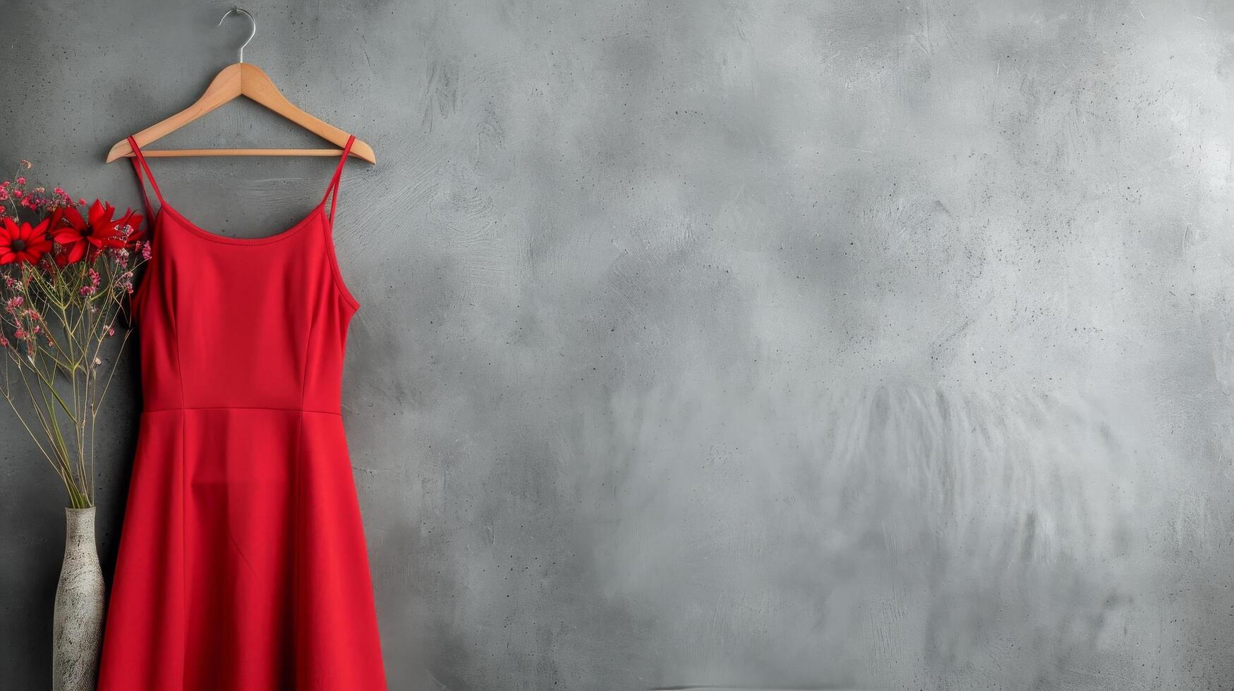 Elegant Red Dress Hanging in Boutique With Floral Background photo