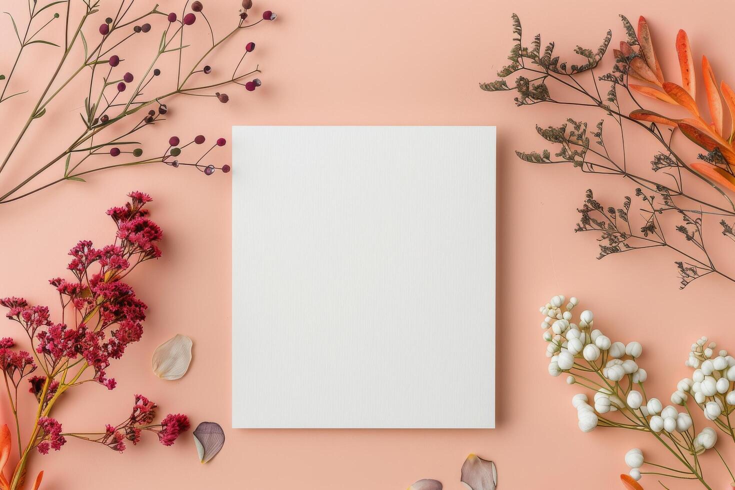 Floral Arrangement With Blank Canvas On Table Surrounded By Dried Flowers photo