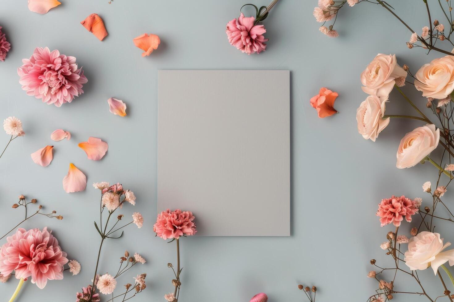 Floral Arrangement With Blank Paper Surrounded By Colorful Petals photo