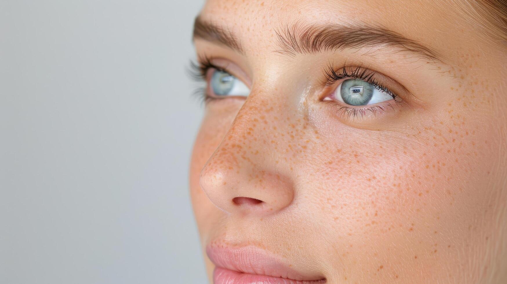 Close-Up of Model With Freckles and Blue Eyes Against Neutral Background photo