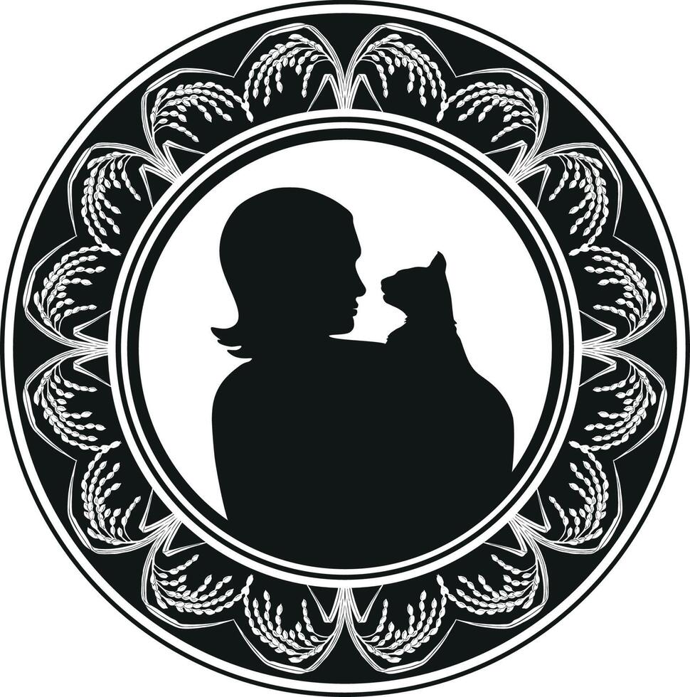 Girl with cat in a floral frame vector