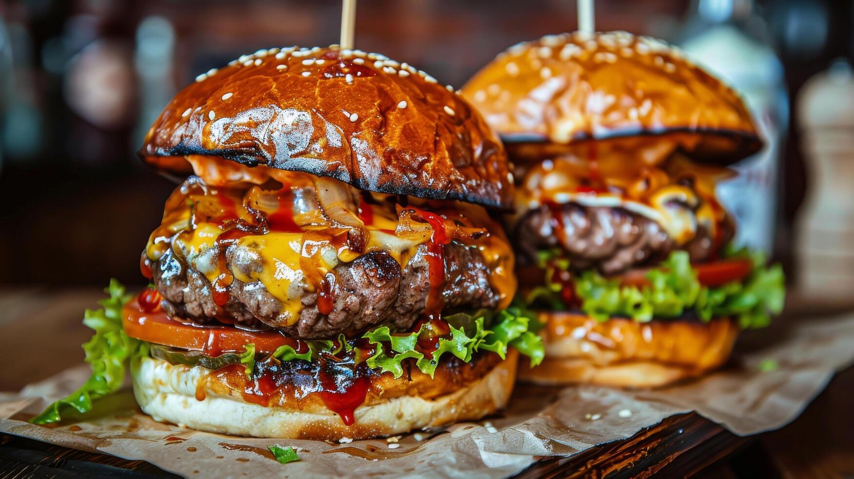 Two Hamburgers With Onions and Meat on a Cutting Board photo
