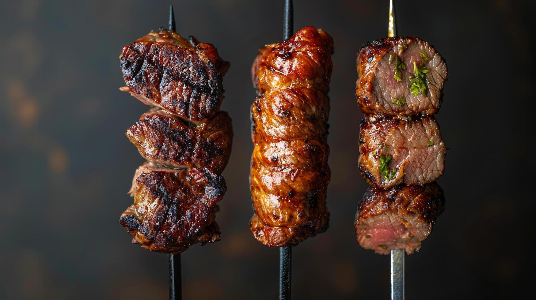 Row of Skewered Steaks on Black Surface photo