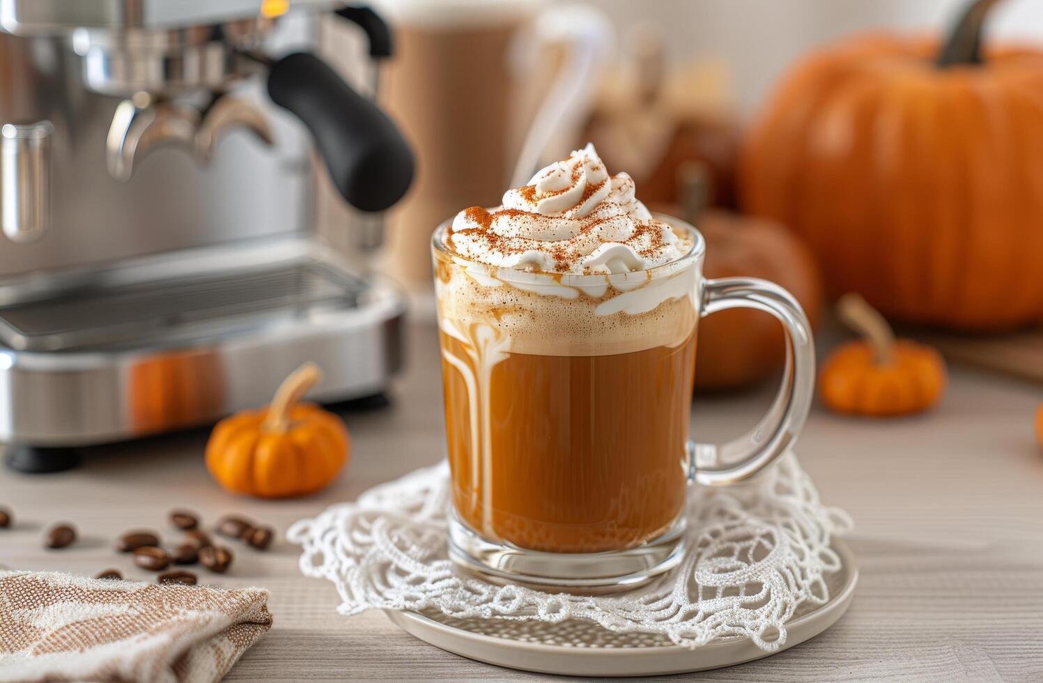 Pumpkin Spice Latte With Whipped Cream in Cozy Kitchen Setting During Autumn photo