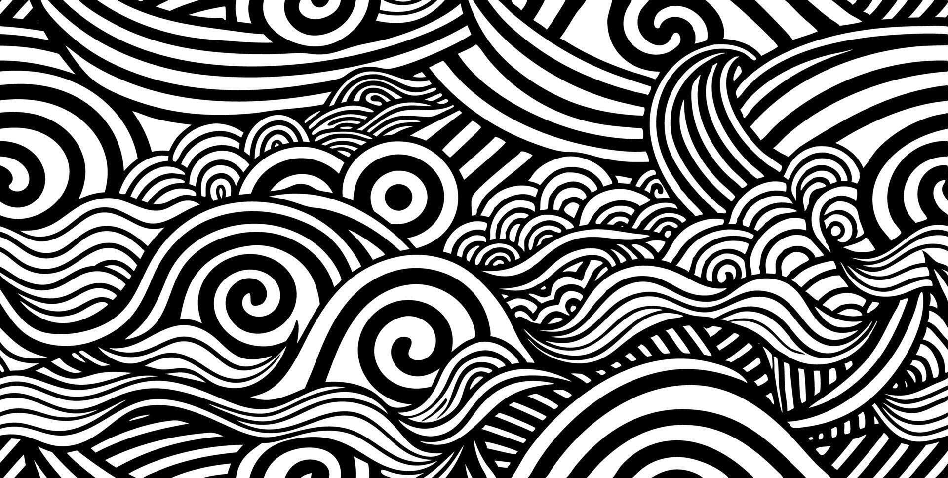 A detailed and intricate black and white illustration of swirling waves vector