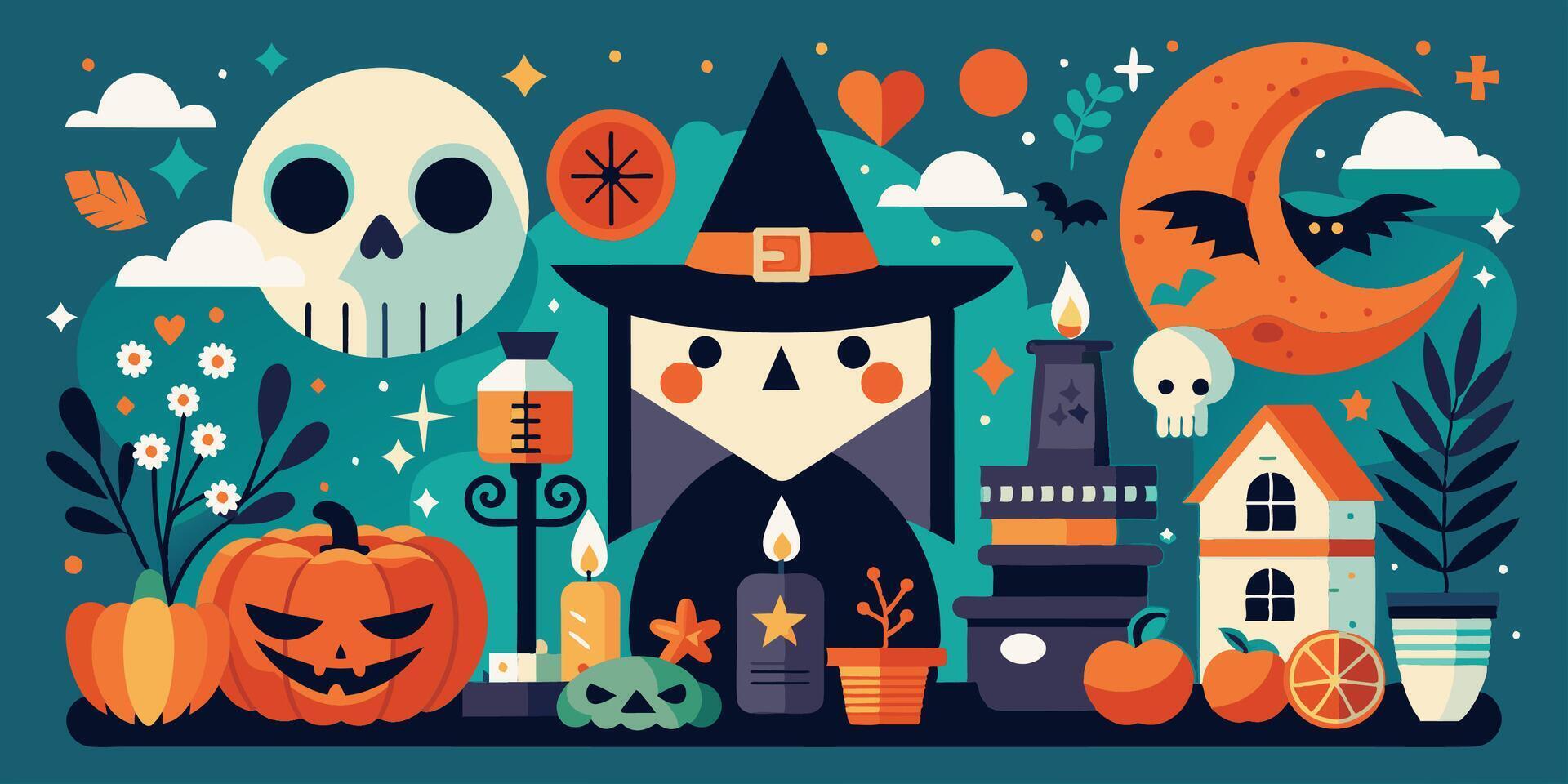A witch with pumpkins, candles, skulls, and a crescent moon vector