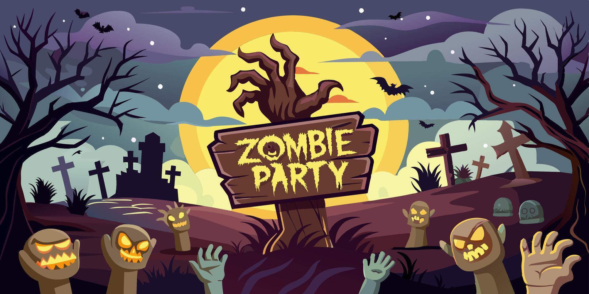 Zombie party in cemetery with hands coming out of ground vector
