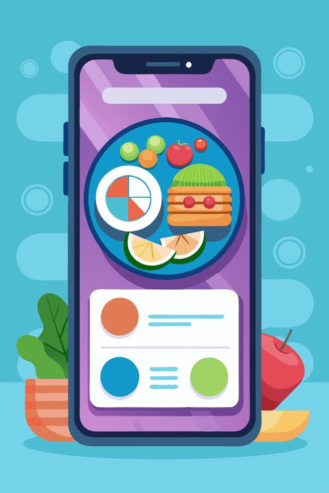 There is a cell phone displaying a plate of food on its screen vector