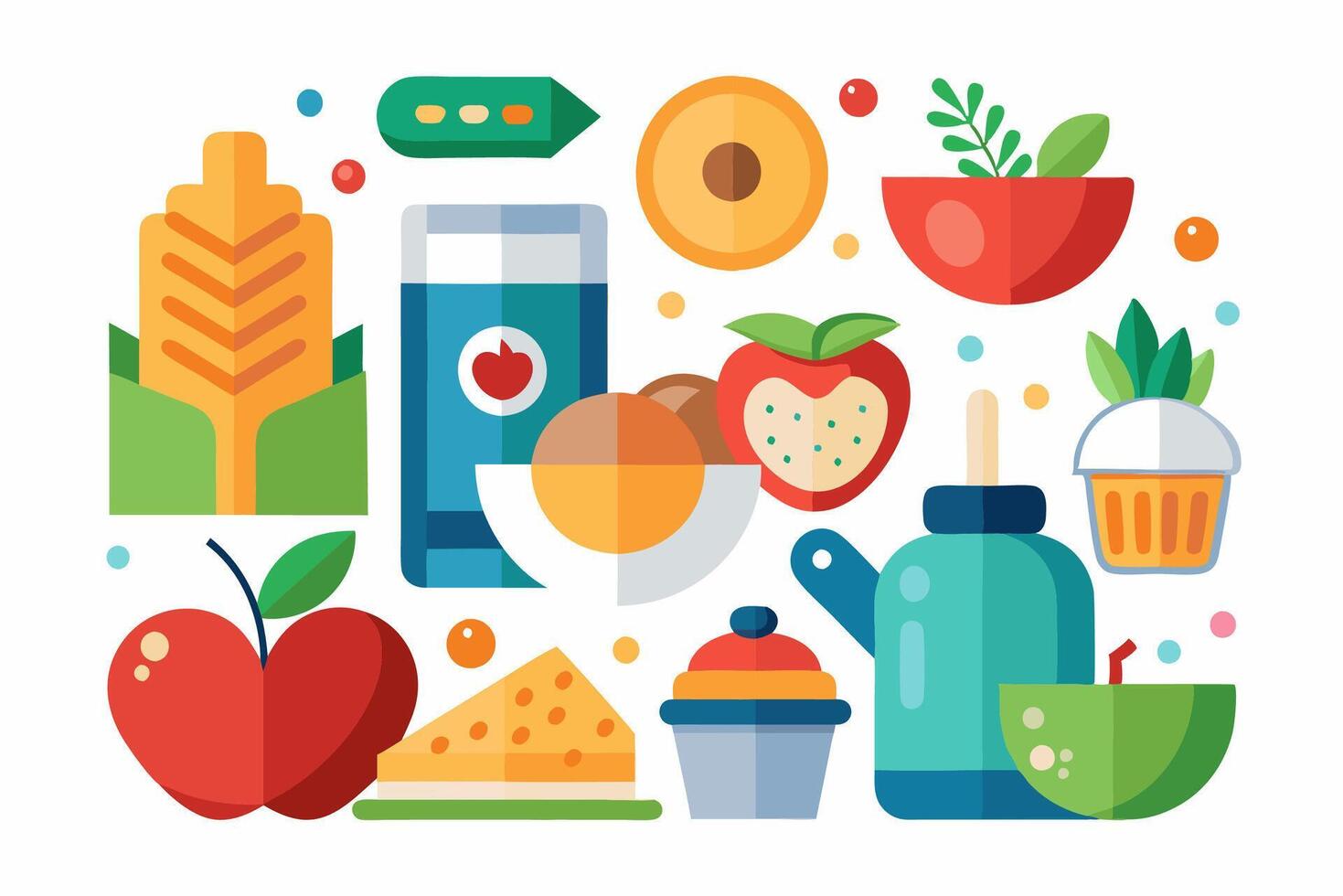 The illustration depicts various food types including fruits and vegetables vector