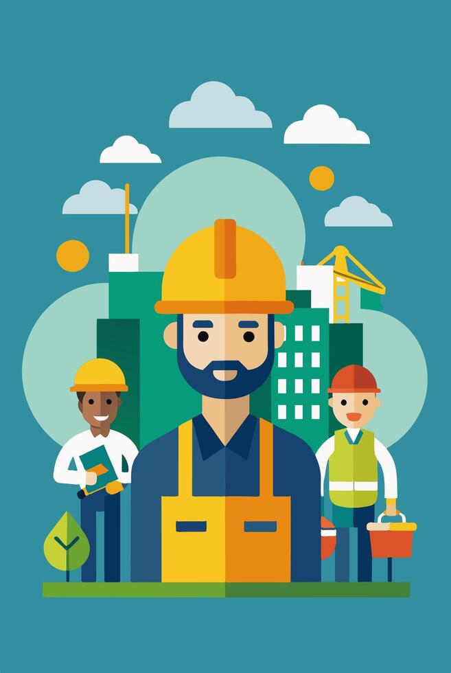 Construction workers in front of a building under construction vector