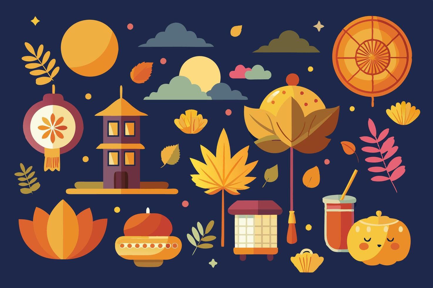 Set of mid autumn festival icons in a flat style on dark blue background vector