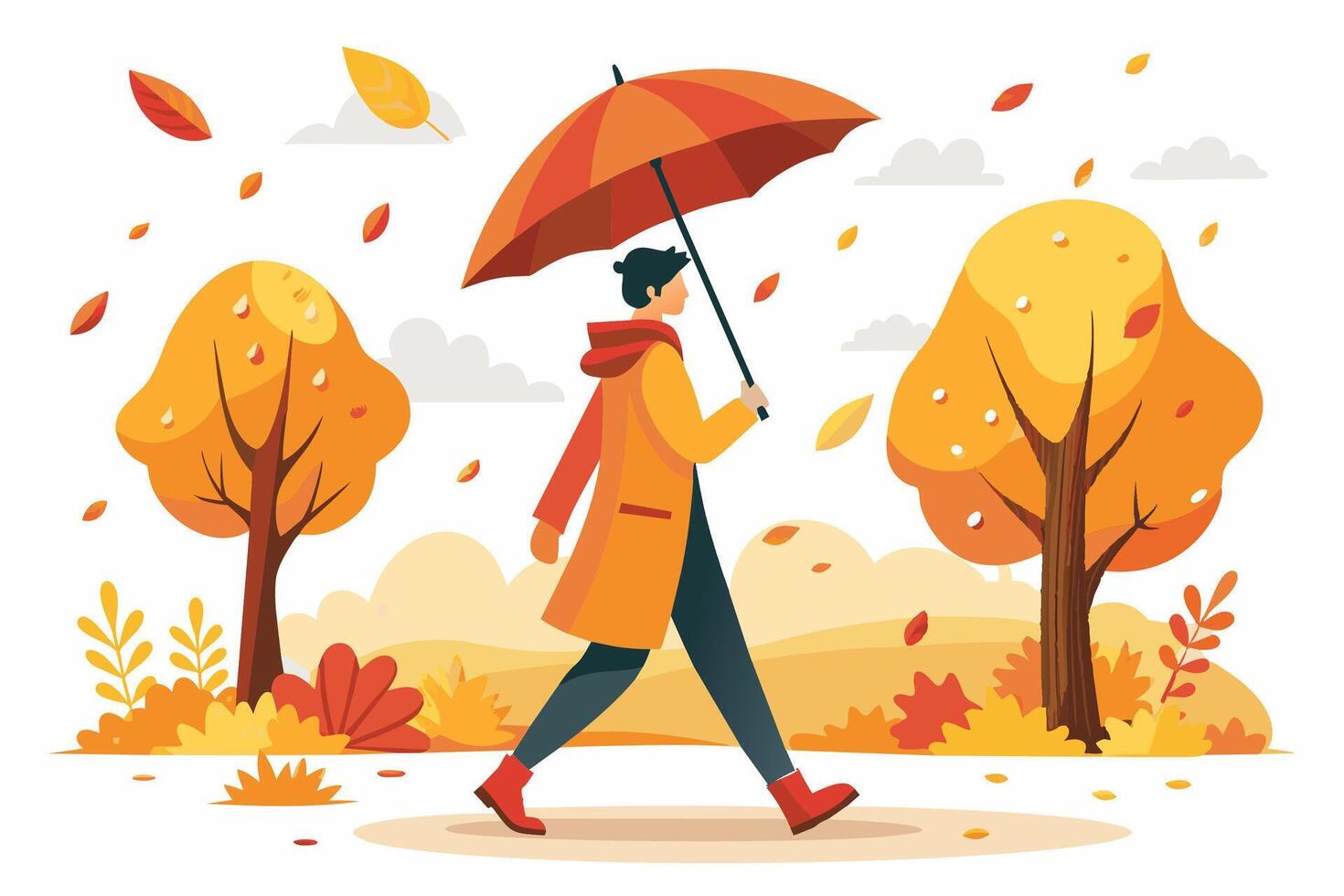 A man is strolling in the rain sheltered by an umbrella vector