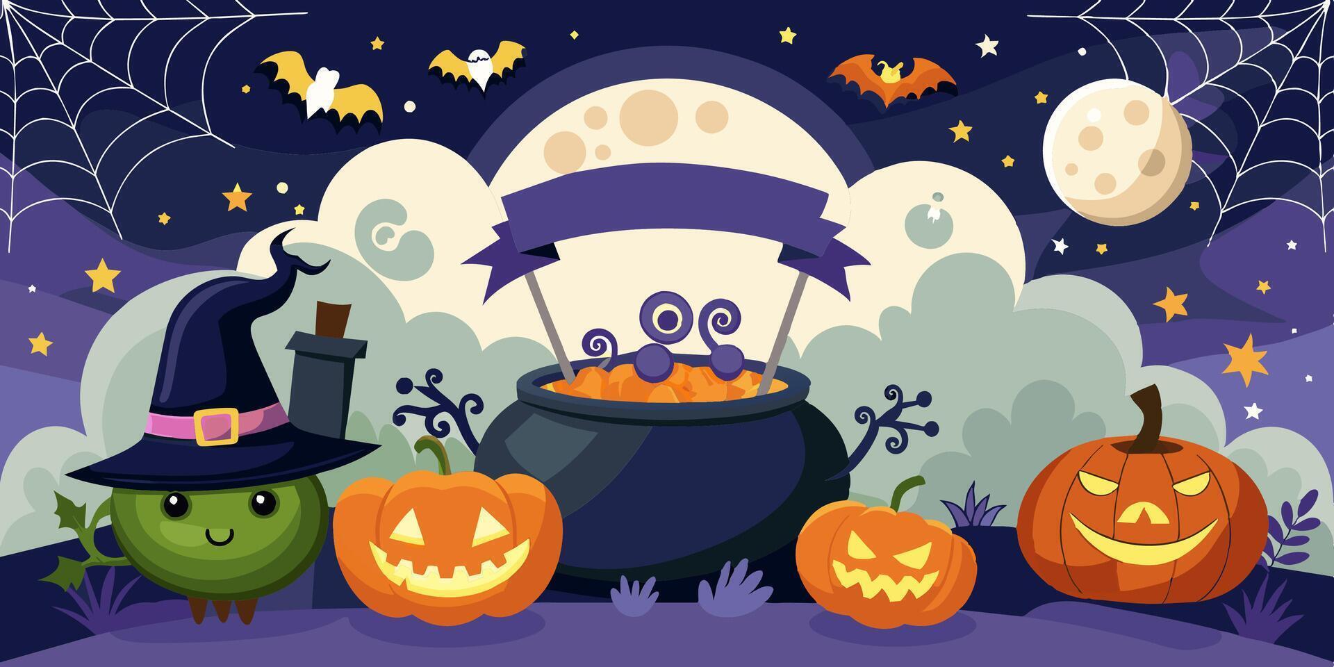 In the scene, there are pumpkins and a cauldron topped with a witch hat vector