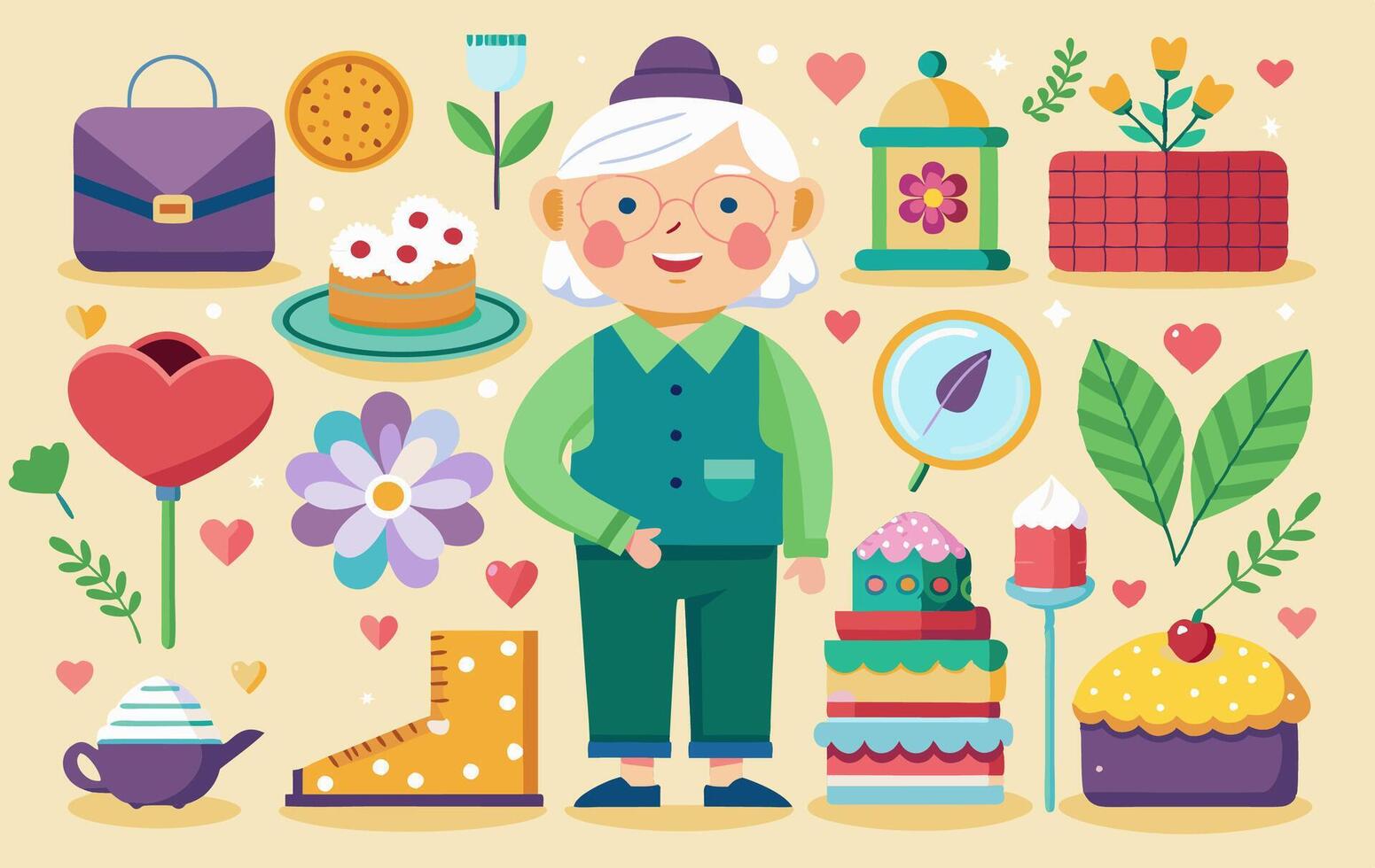 A cartoon of an old woman with objects around her vector