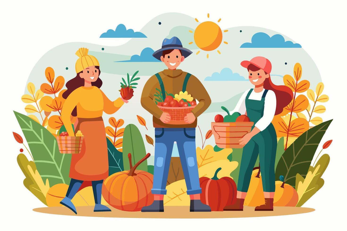 People in field holding fruit and vegetable baskets vector