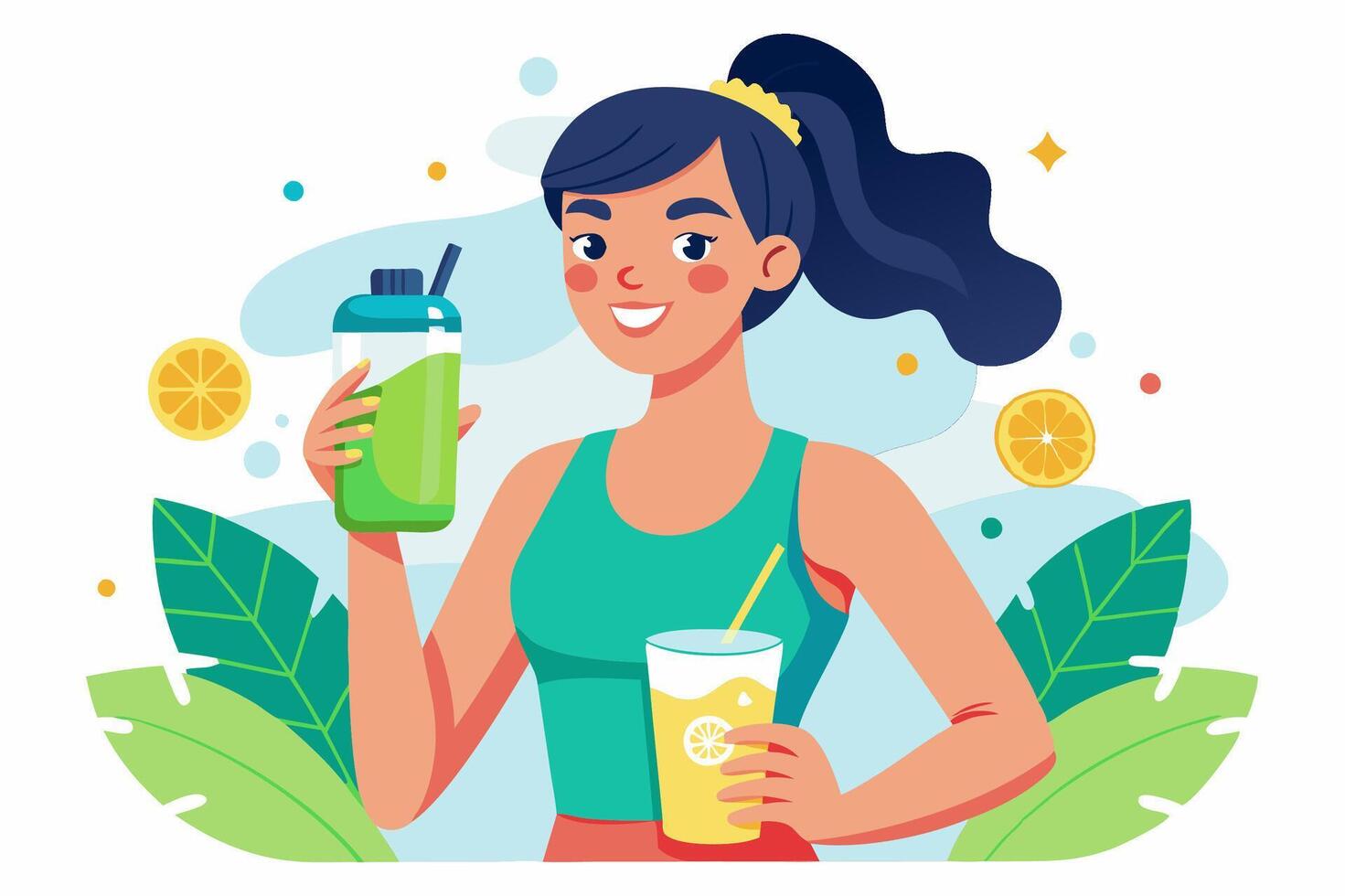 A woman is enjoying a refreshing smoothie from a bottle and a glass vector