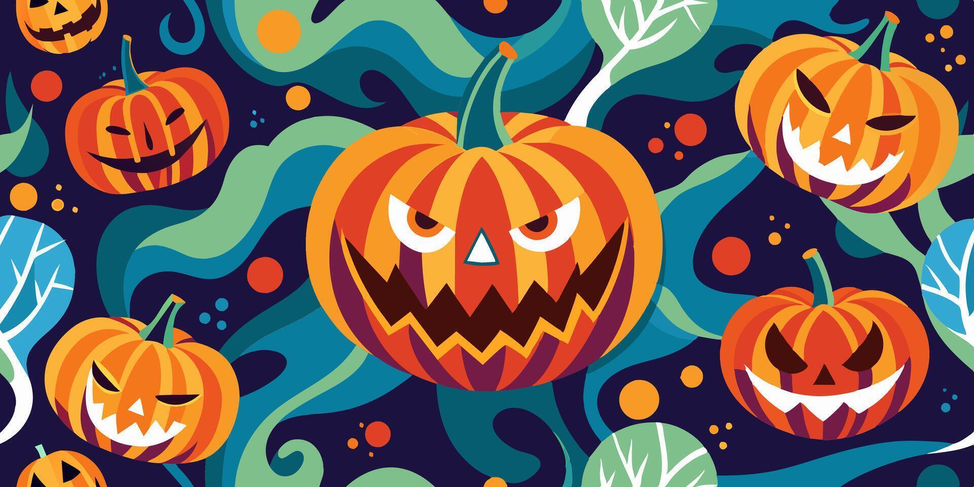 Pattern with pumpkins and ghosts on blue background vector