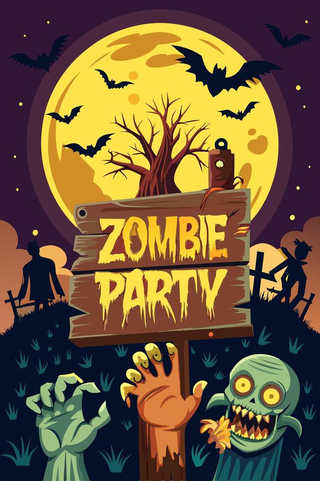 A zombie holding a wooden sign that reads zombie party in a cartoonish style vector
