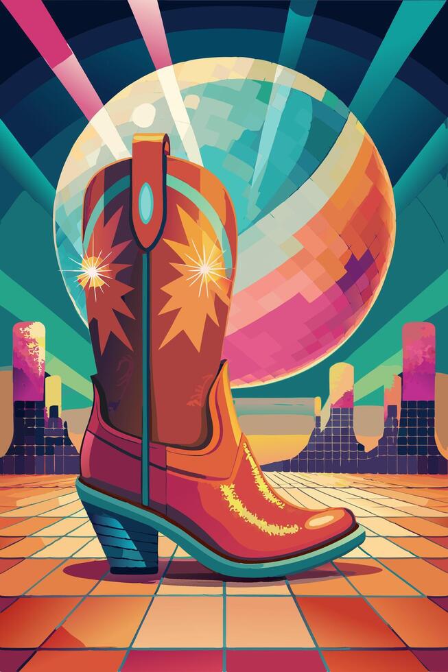 A cowboy boot on tiled floor in front of a disco ball vector