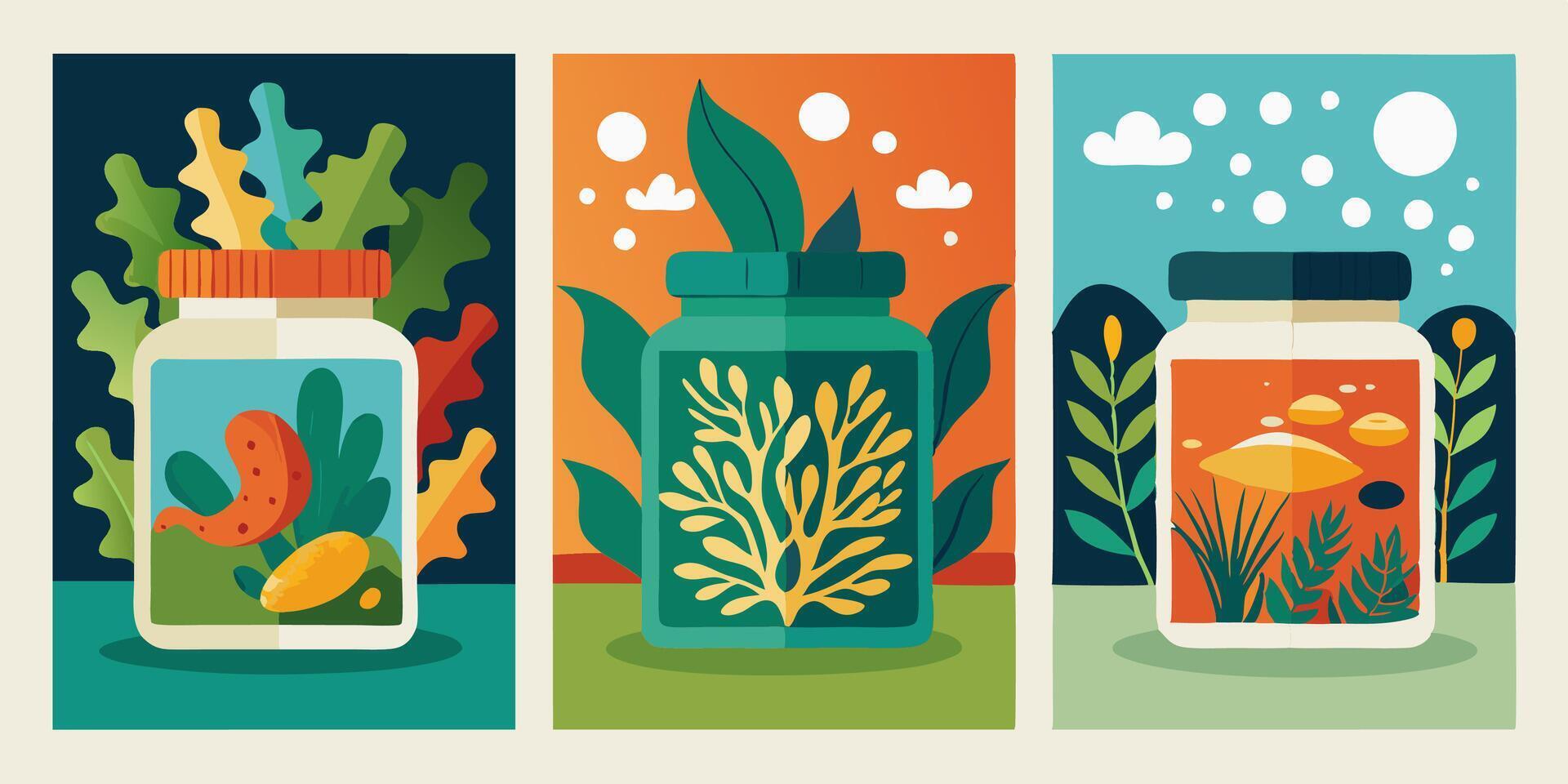 Posters with plant and fish jars, green and blue in symmetrical design vector