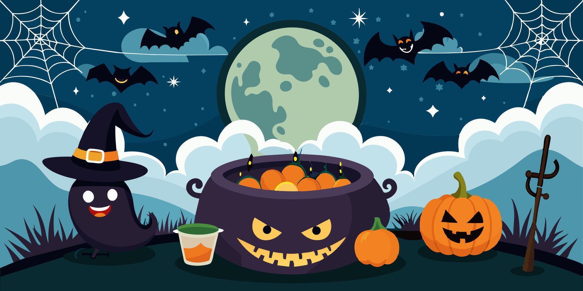 A cauldron with pumpkins and a ghost in the background vector