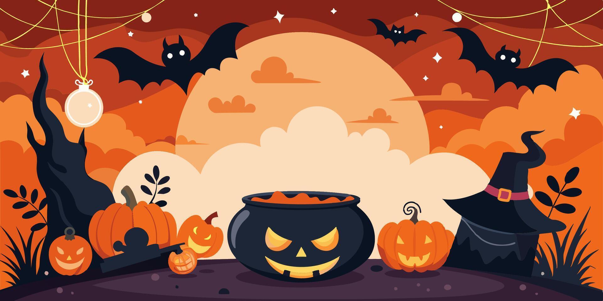 Halloween background with pumpkins, bats, cauldron, and a witch hat vector