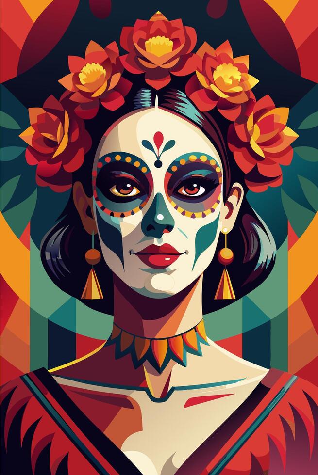 A colorful portrayal of a woman celebrating Dia de los Muertos with a vibrant floral headdress vector