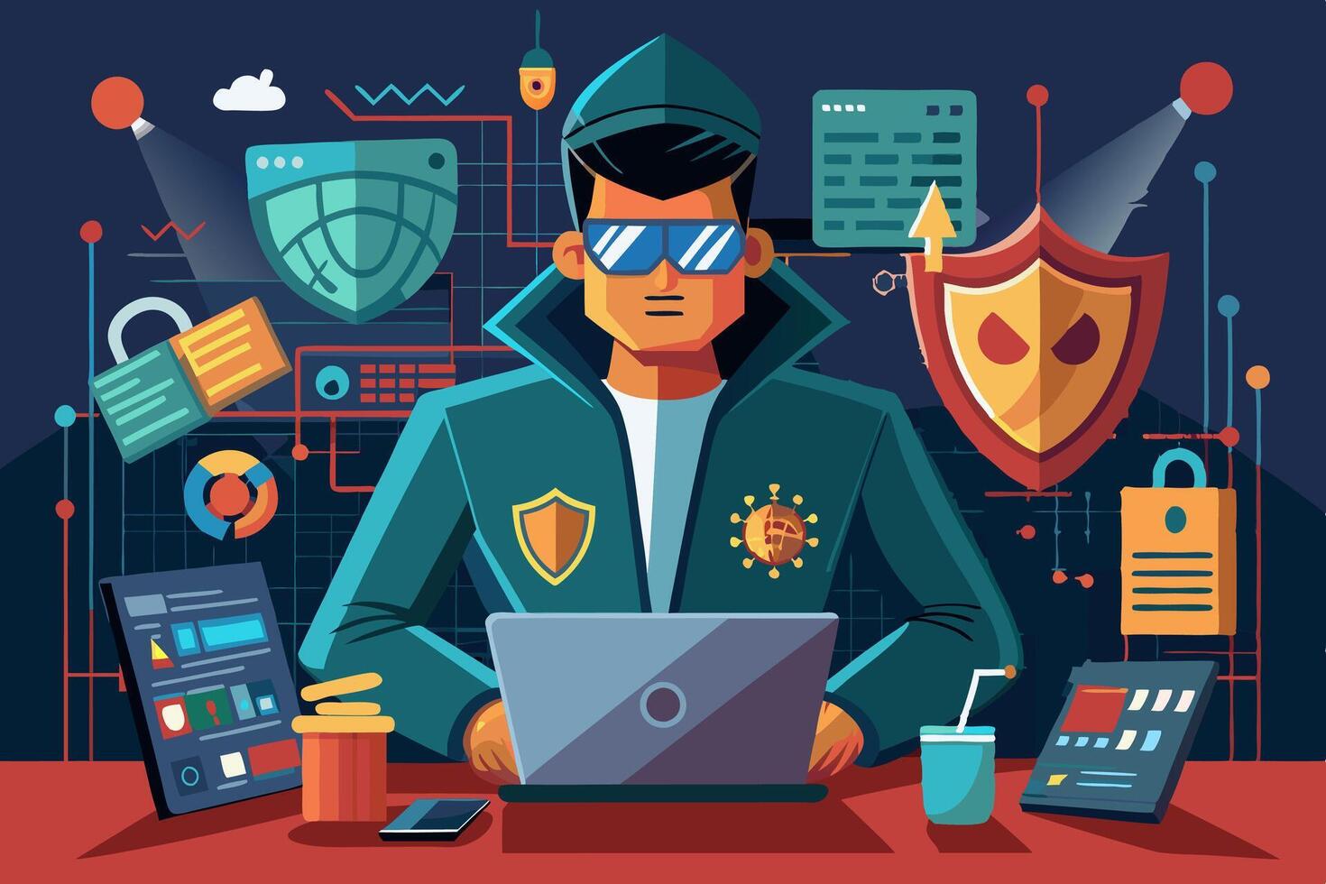A man sitting at a desk with laptop, wearing green Tshirt vector