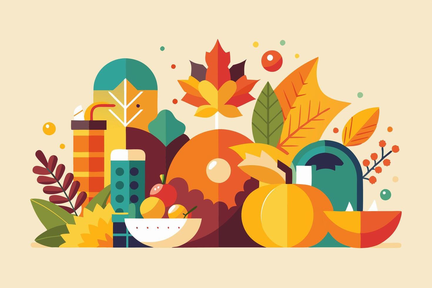 An illustration showing autumn fruits and leaves in a simple, flat design vector
