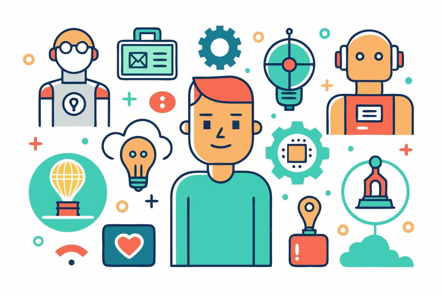 In the image, a man is encircled by various icons and robots vector