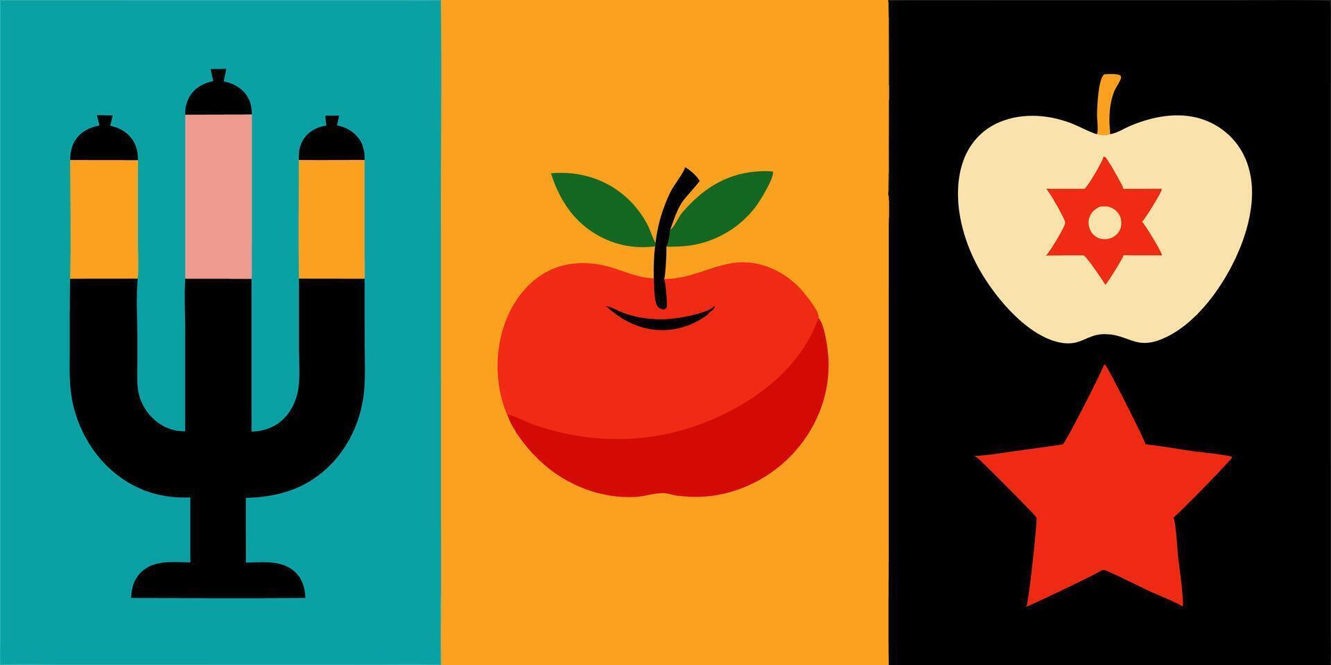 A candle, an apple, and a star on a colorful background vector