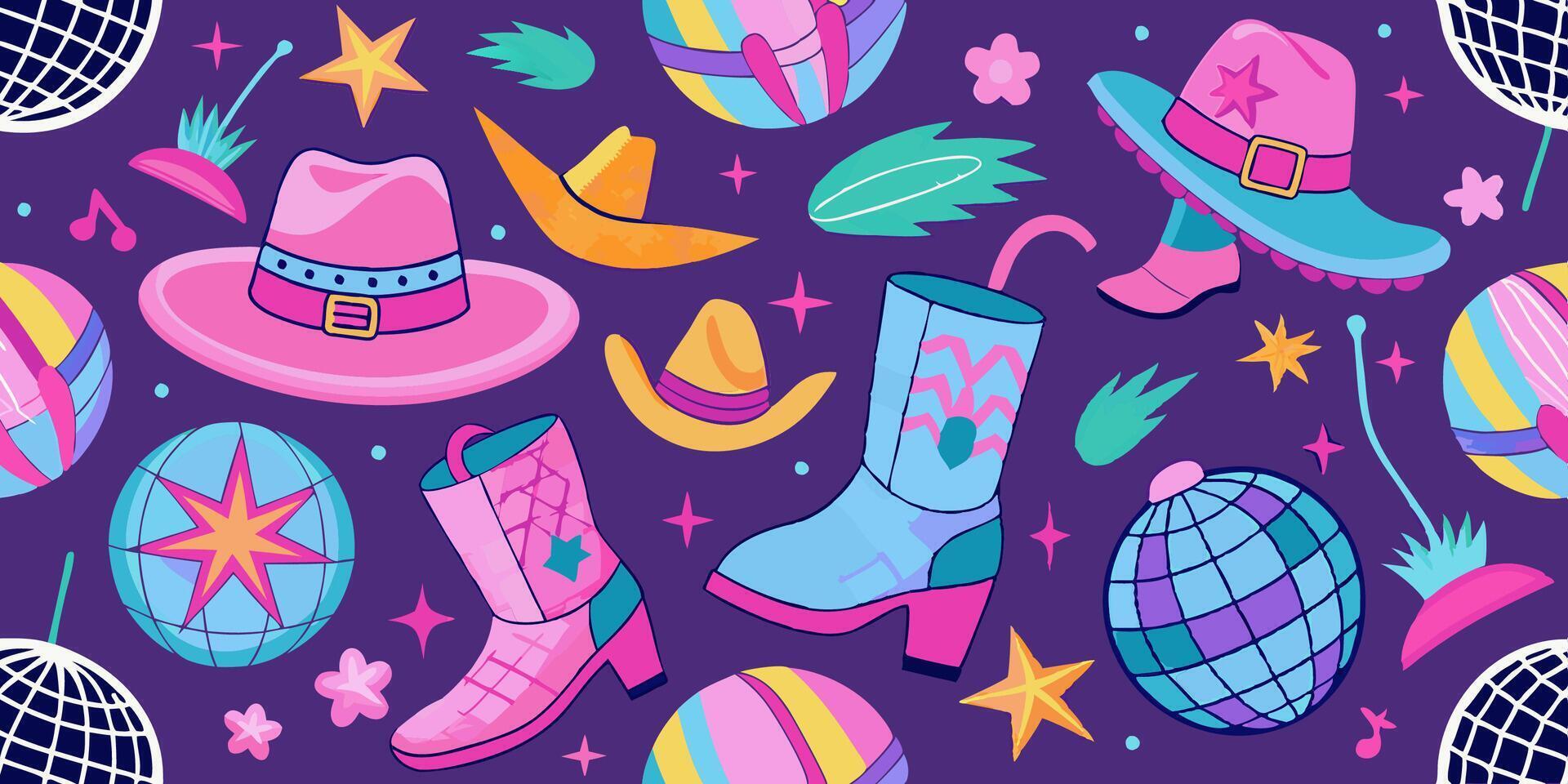 Pattern with cowboy hats, boots, disco balls, and stars on purple background vector