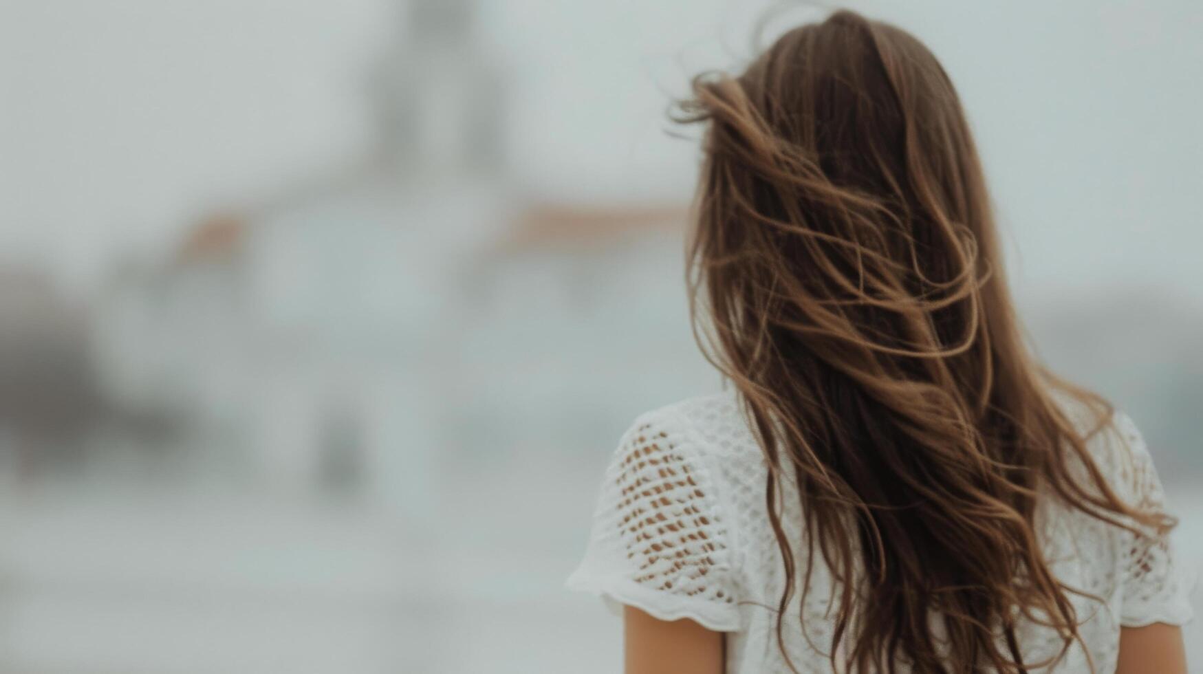 Woman With Flowing Hair Facing a Historical Building on a Overcast Day photo