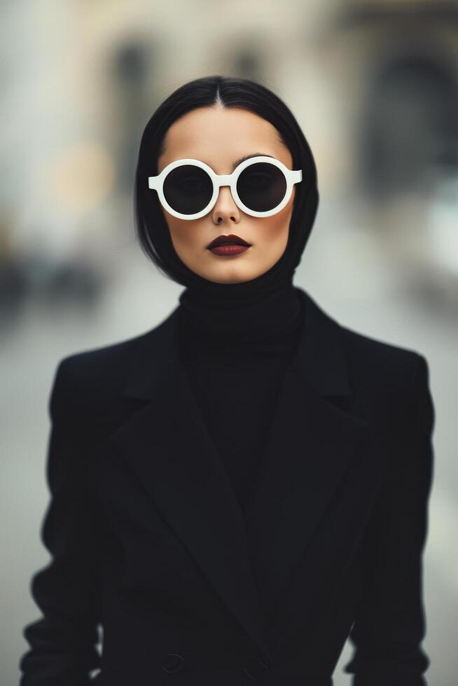 Elegant Woman in Black Attire Smoking With Stylish Sunglasses Outdoors photo